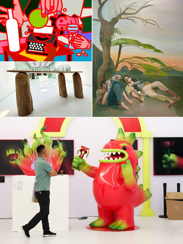 图左上:张心一,《无尽之杯》,2025,布面丙烯,100×80cm,致谢艺术家图左中:王礼军,《四不平八不稳》,2025,香樟木、白蜡木、玻璃器皿、酒瓶、水、酒,300×100×180cm,致谢艺术家图右上:朱钇名,《小憩》,2025,布面油画,140×180cm,致谢艺术家图下部:张超级,《举杯就干1573》,2025,玻璃钢烤漆、透明树脂、不锈钢电镀,火龙果酒托:117×85×116cm、火火龙雕塑:150×170×220cm、火龙果酒杯:67×67×12cm、火龙果瓶盖:10×10×12cm,致谢艺术家