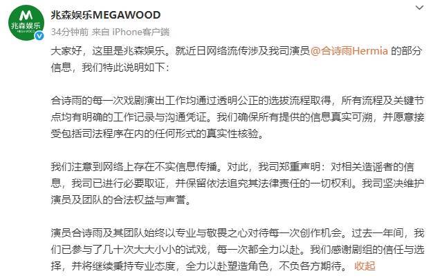 合诗雨方回应选角争议称选拔流程透明公正!已取证