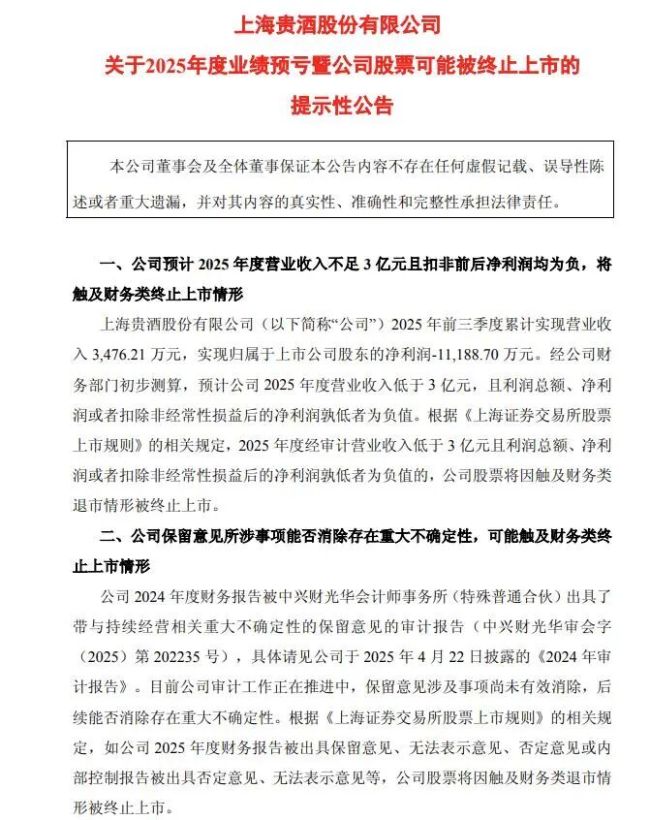 股价蒸发超80%,知名酒企或被终止上市