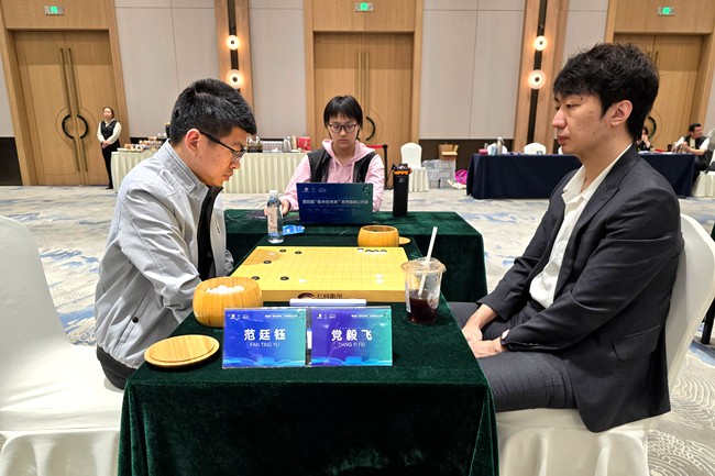 党毅飞九段(右)战胜范廷钰九段。人民网记者 胡雪蓉摄