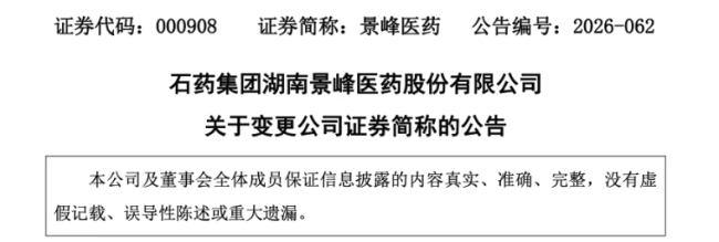 石药入主后,ST景峰改名