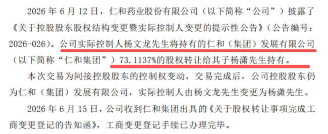 (仁和药业关于实际控制人股权完成工商变更登记的公告)