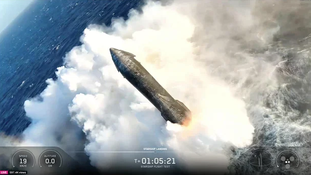 △从得克萨斯州发射1小时5分钟后,“星舰”飞船在印度洋溅落。